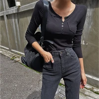 weiyao 90s black basic slim autumn t shirt women korean crewneck aesthetic goth tee shirt long sleeve vintage slim top 2021