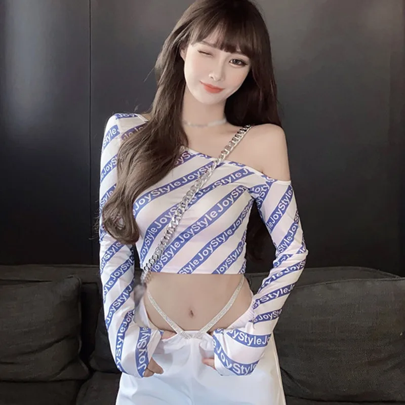 

Women's Letter Print Skew Collar Sexy Exposure Navel T-Shirt Tops