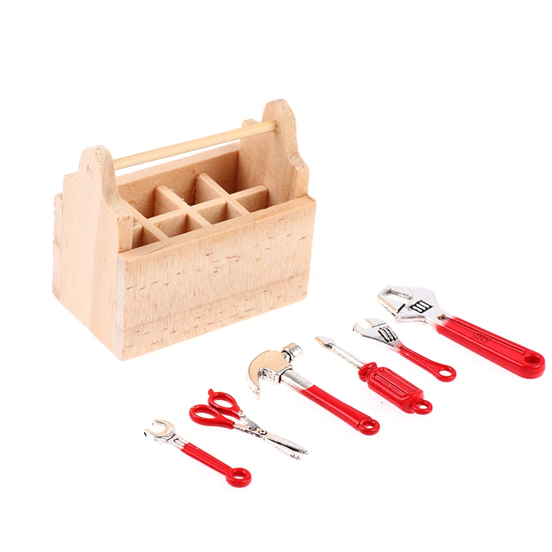 

New 1/12 Miniature Doll House Wooden Toolkit Toolbox Furniture Toy Set With Metal Tools Life Scenes Dolls Accessories