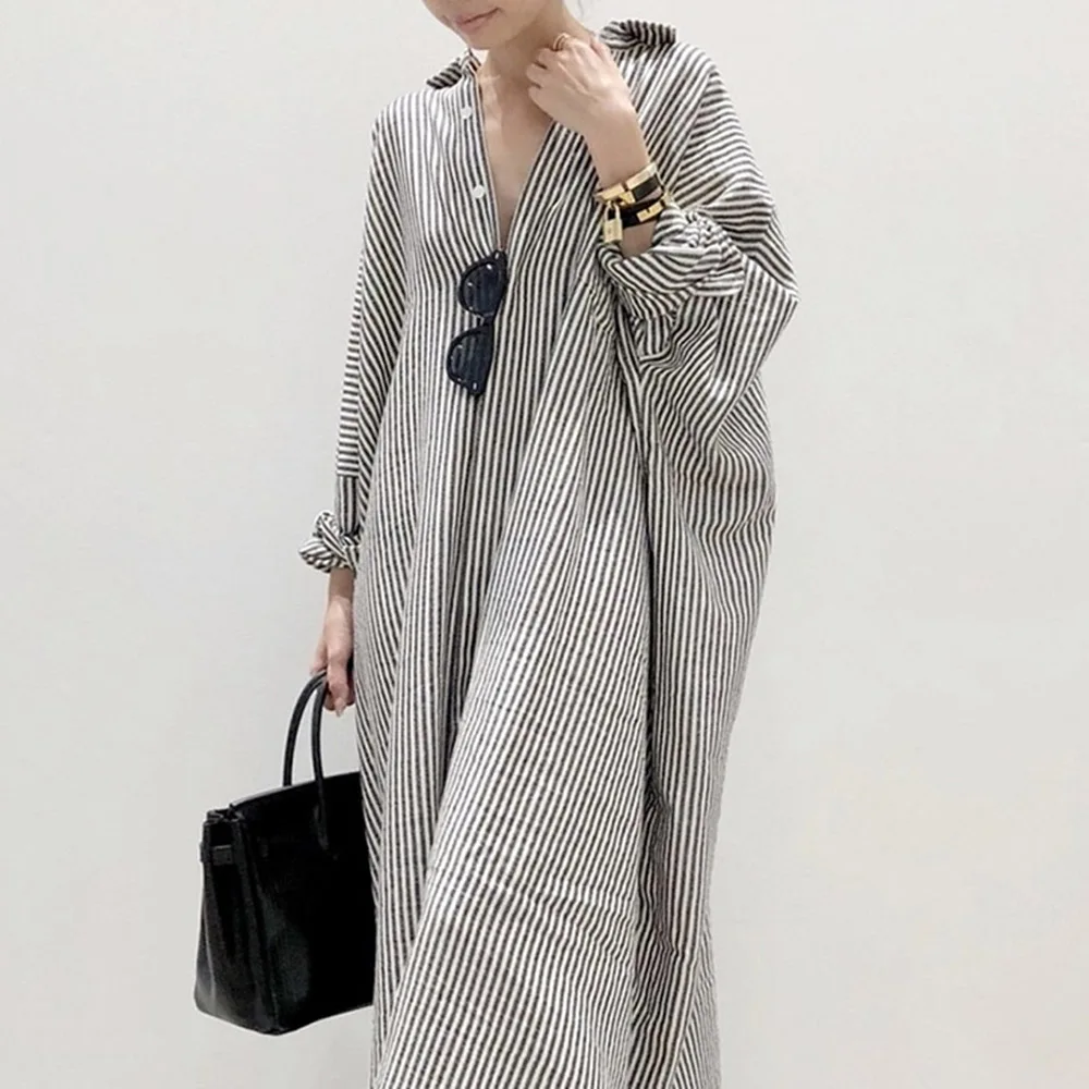 

Dress Stripe Shirt Style Lapel Long Dresses Single Breasted Slim Loose Japanese Korean Spring Summer Wear Fashion Casual 2021