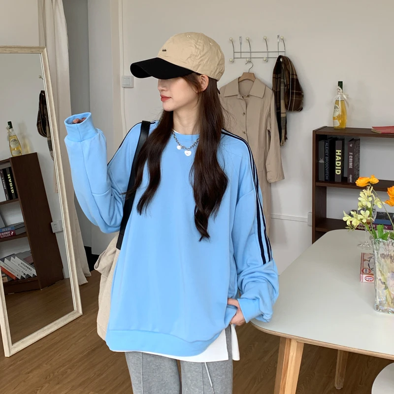 

2021 autumn striped sweatshirt women spring and autumn thin long-sleeved loose round neck Korean hoodie