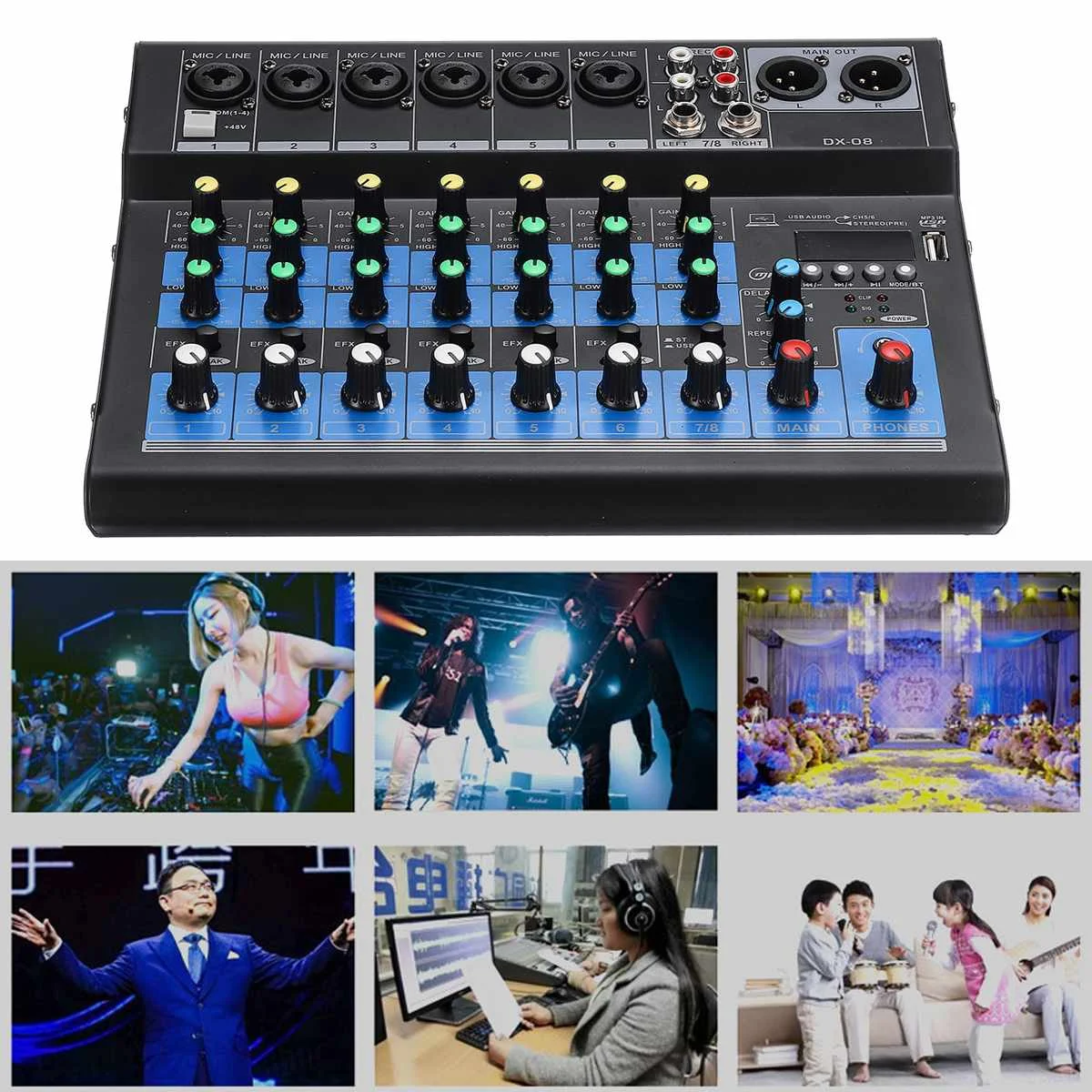 Портативный 8 канальный аудио микшерный пульт с Bluetooth USB DJ микшерная консоль MP3 Джек караоке 48V усилитель для караоке Вечерние