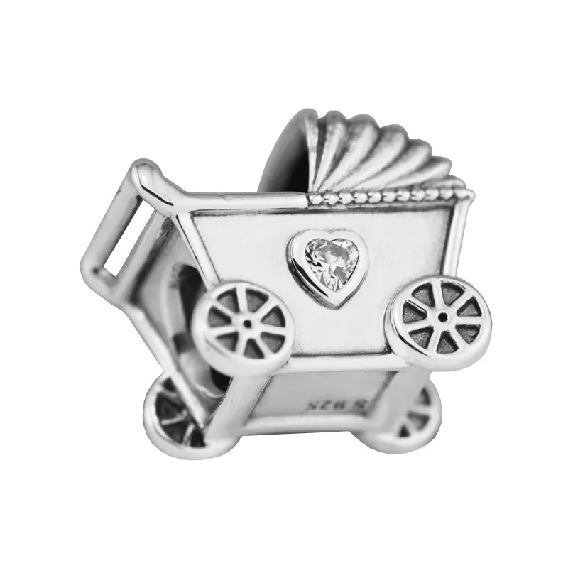 Baby Pram Silver Beads for Charms Bracelets Clear CZ Heart Stone Kid Car 925 Original Mother | Украшения и аксессуары