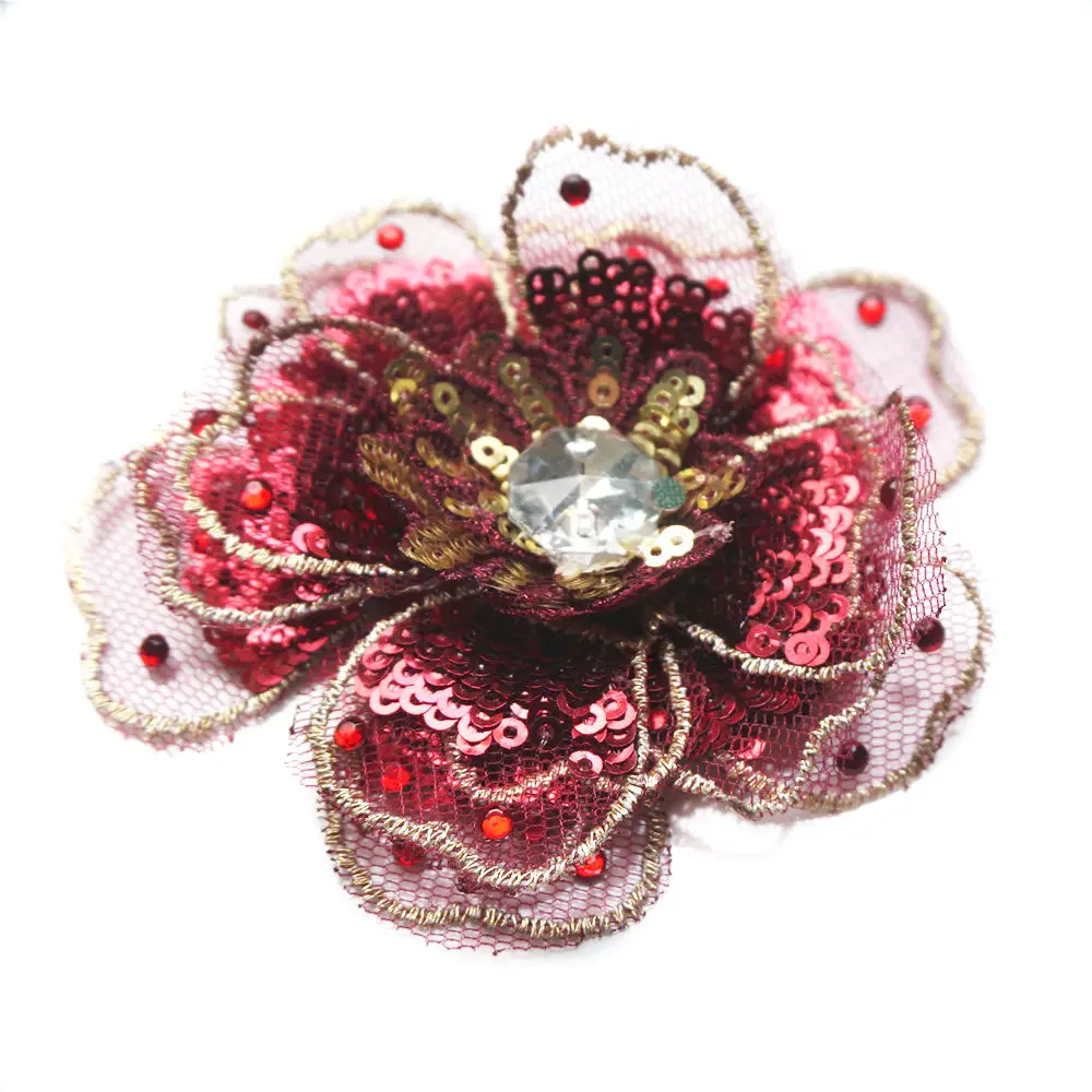 8 см винно-красные блестки вышитые 3D Цветочные головки Пришивные сетчатые