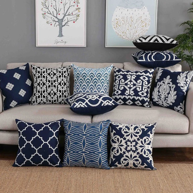 

Home Decor Embroidery Cushion Cover Navy/White Pillowcase Square Embroidery Pillowcase 45x45cm Pillowcase