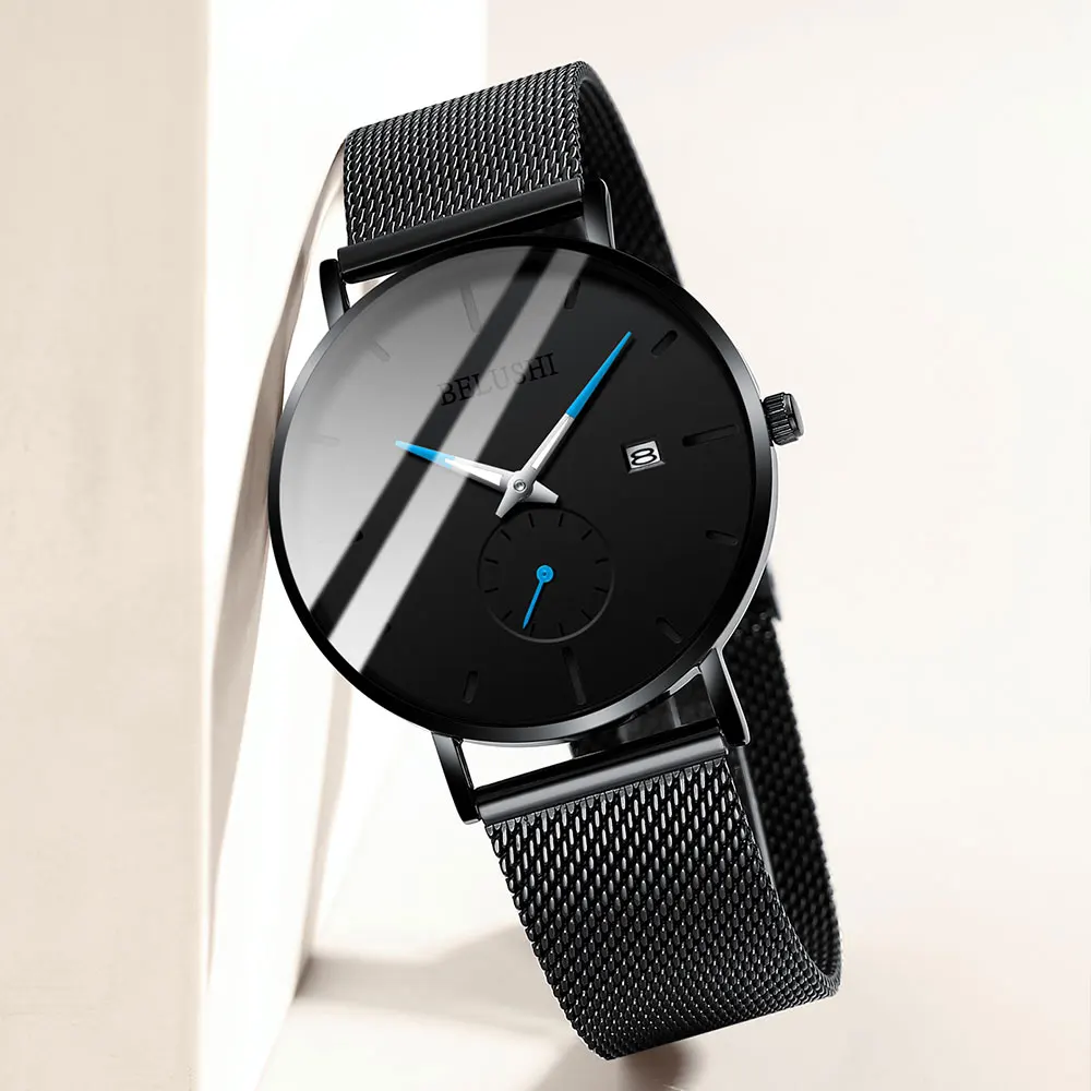 Belushi Man Watch 2019 Luxury Brand Stainless Steel Quartz Men Waterproof Black Date Ultra Thin Watches For Relogio | Наручные часы