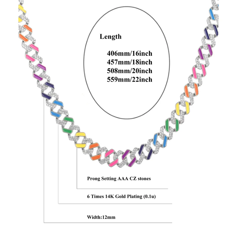 

12MM Cuban Chain Necklace Iced Micro Pave Cubic Zirconia Gold Color Women Men's Necklace Hip Hop Rock Jewelry For Gift A+++