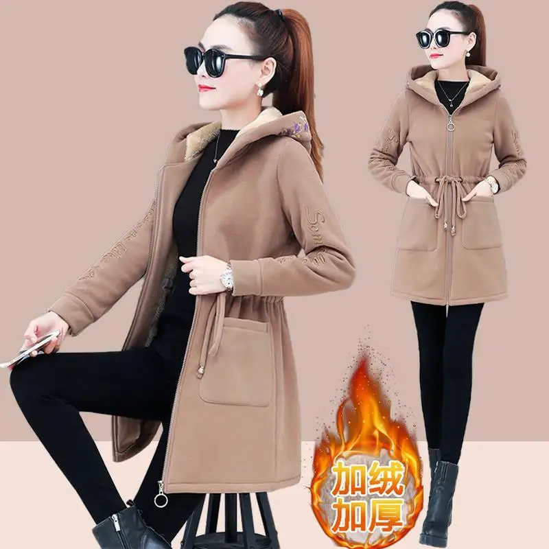 

2021 New Women's Coat Autumn Winter Zipper Drawstring Letter Printing Thickening Hooded Hoodie Fashion Simple Casual Long Jacket