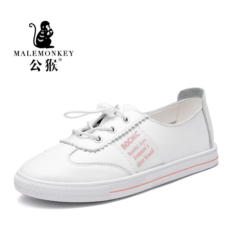 2019 New Fashion Women Casual Shoes Comfortable White Sneakers Lace-Up Split Leather Girls Flats | Обувь