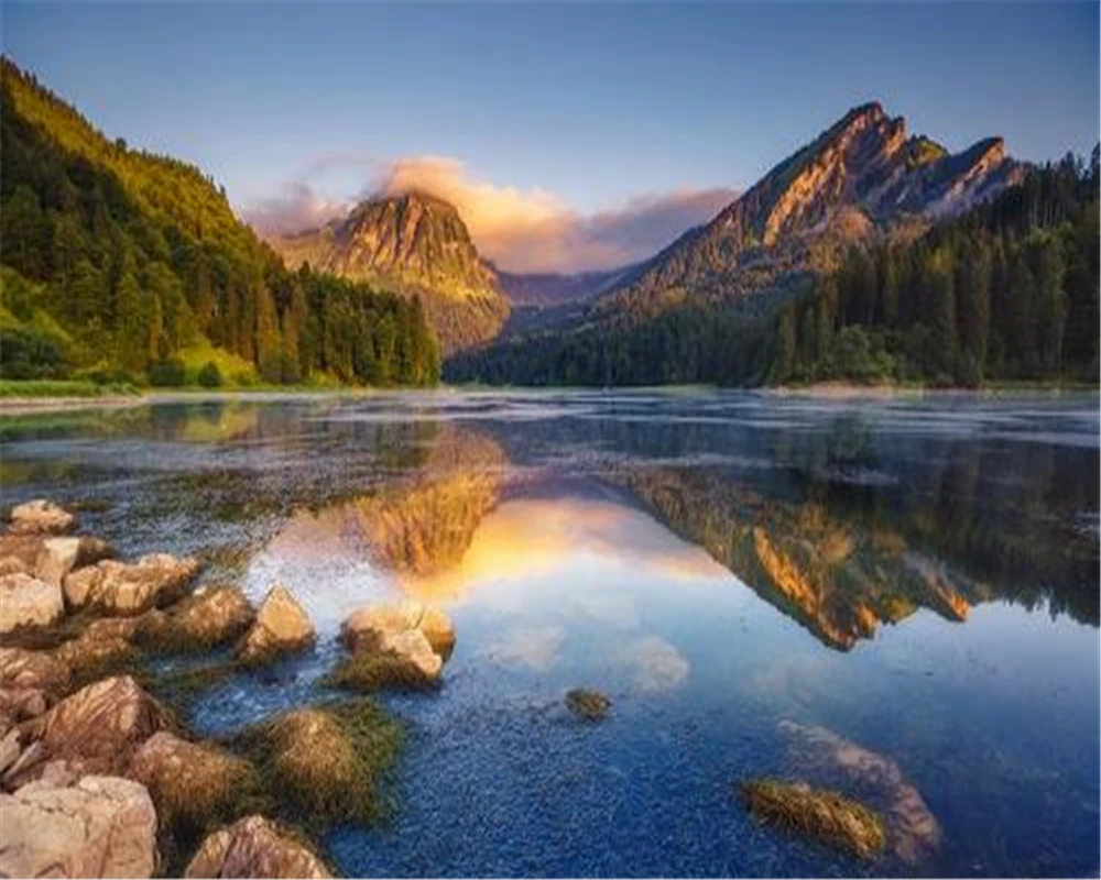 

Wholesale 3d Wallpaper Nordic Simple Woods Lake Sunrise Living Room Bedroom Background Wall Decoration Mural Wallpaper