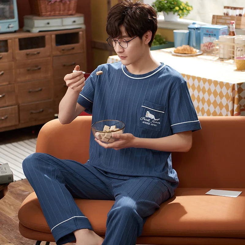 

Spring Summer Cotton Men Pajamas Set Simple Classical Blue Male Sleepwear Cartoon Cats Pocket Nightwear Loose Plus Size Homewear
