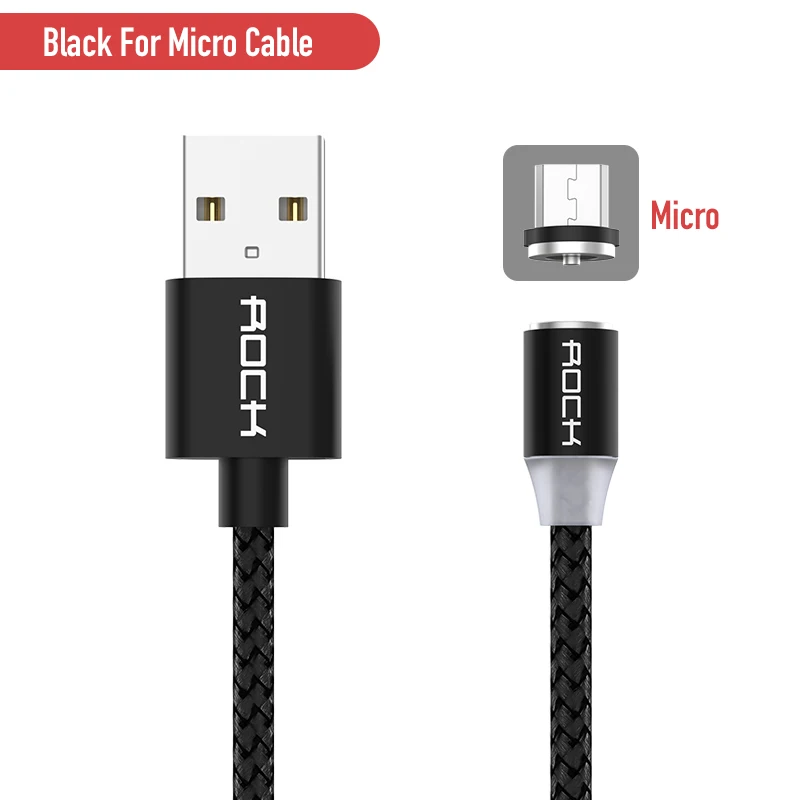Black For Micro USB Магнитный кабель ROCK для быстрой зарядки с разъемом type-C Micro Usb для быстрой зарядки Usb C светодиодный светильник для iPhone Xiaomi huawei Phone 1 м магнитное зарядное устройство - Цвет: Black For Micro USB