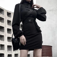 cool girl gothic style black dress stand collar bodycon buckle pocket bandage women goth 2021 long sleeve mini dresses female