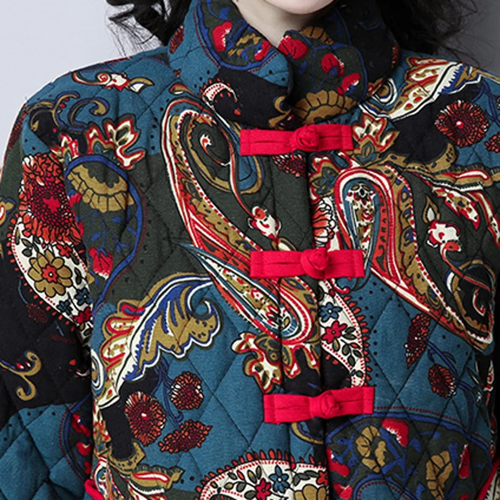 SAGACE зимнее женское теплое однобортное длинное пальто с принтом в фольклорном