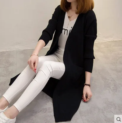 Neploe V шеи длинный вязаный кардиган Femme корейский Свободный Однотонный свитер женский Осень Зима длинный рукав тонкий Pull Femme 46320 - Цвет: black