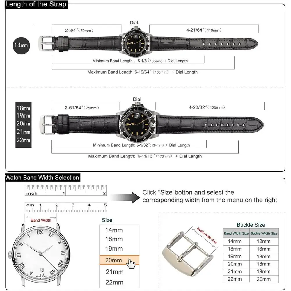 

WOCCI Alligator Embossed Cowhide Leather Watch Strap 14mm 18mm 19mm 20mm 21mm 22mm Watchband Bracelet Stainless Steel Buckle