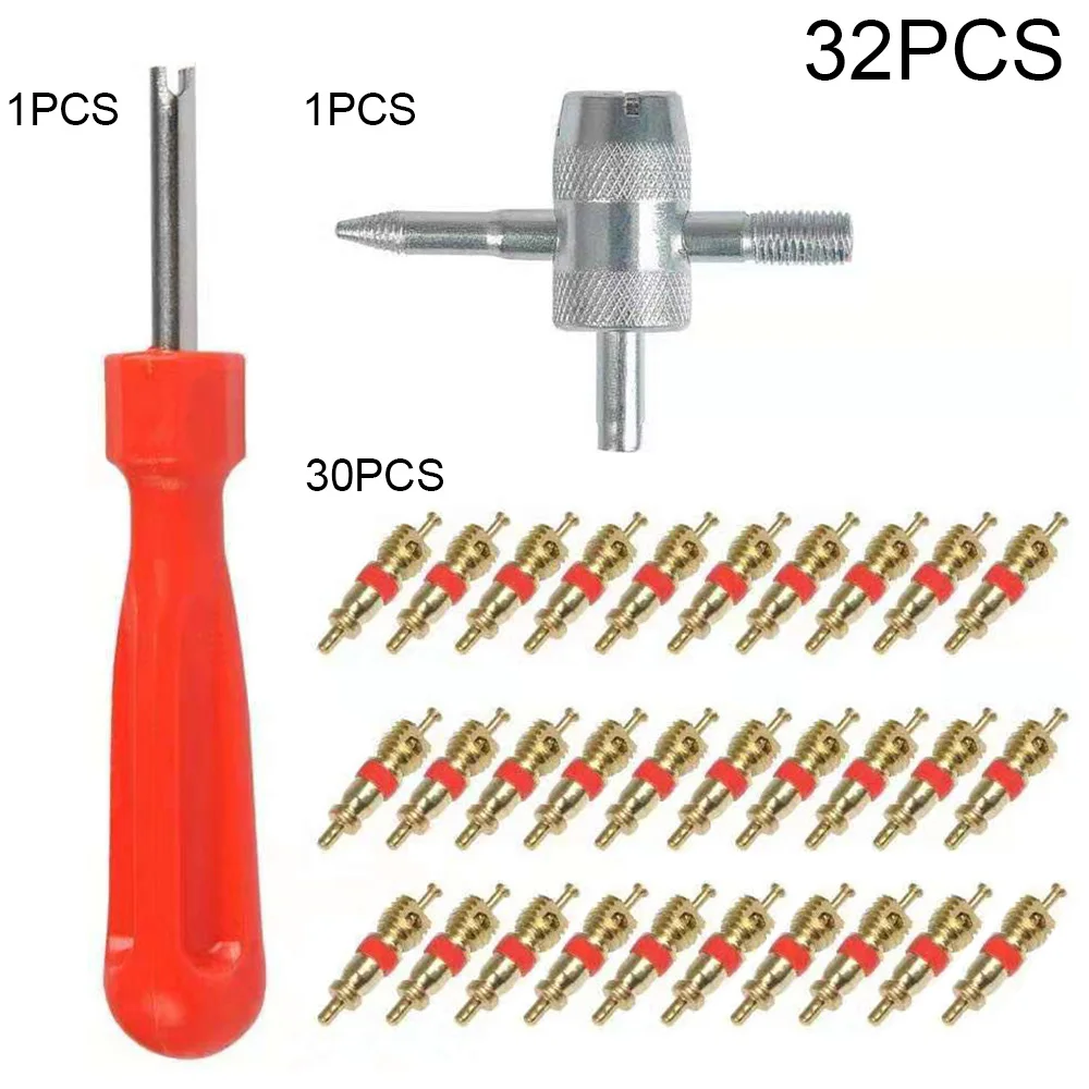 

32pcs Brass Valve Cores Valve Core Remover Multi-function 4 Way Tool for Car Bike Bicycle Motorcycle Tire Repair Accessories