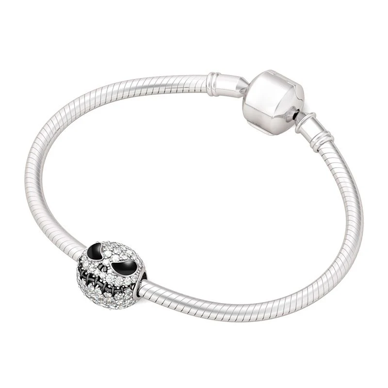 

"Jack Skull" Black Plated 925 Sterling Silver Beads Charms for Halloween with Cubic Zirconia fit bracelet for women