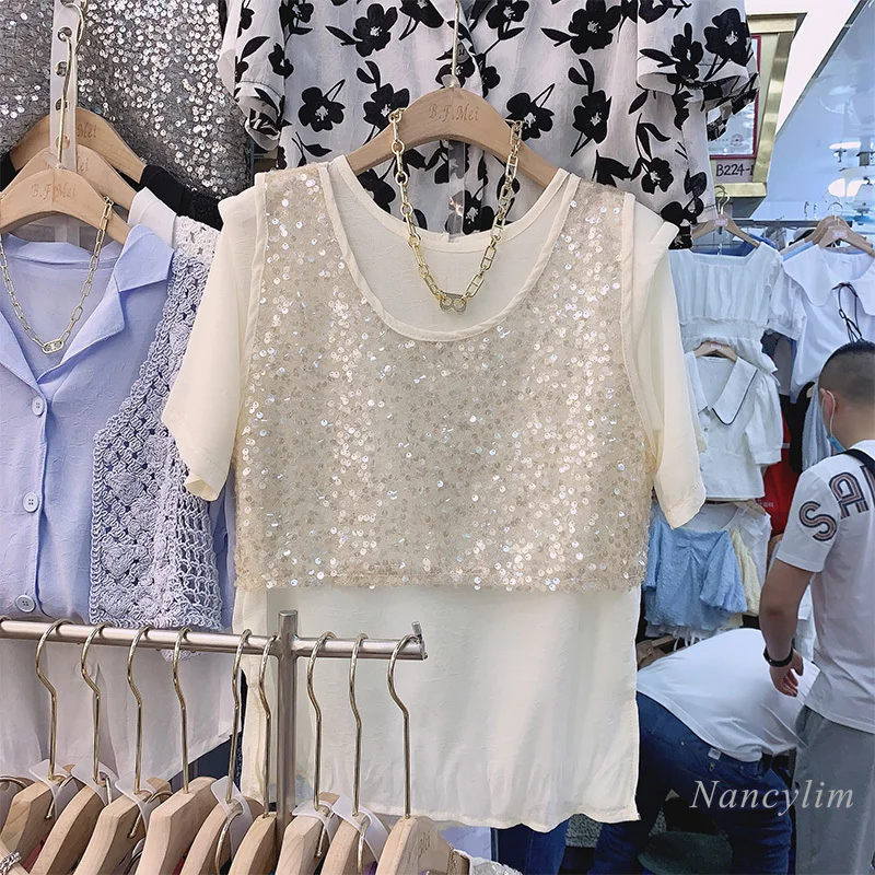 Pull en mousseline de soie à manches courtes pour femmes, gilet brodé à paillettes, haut d'extérieur, deux pièces, été, 2021