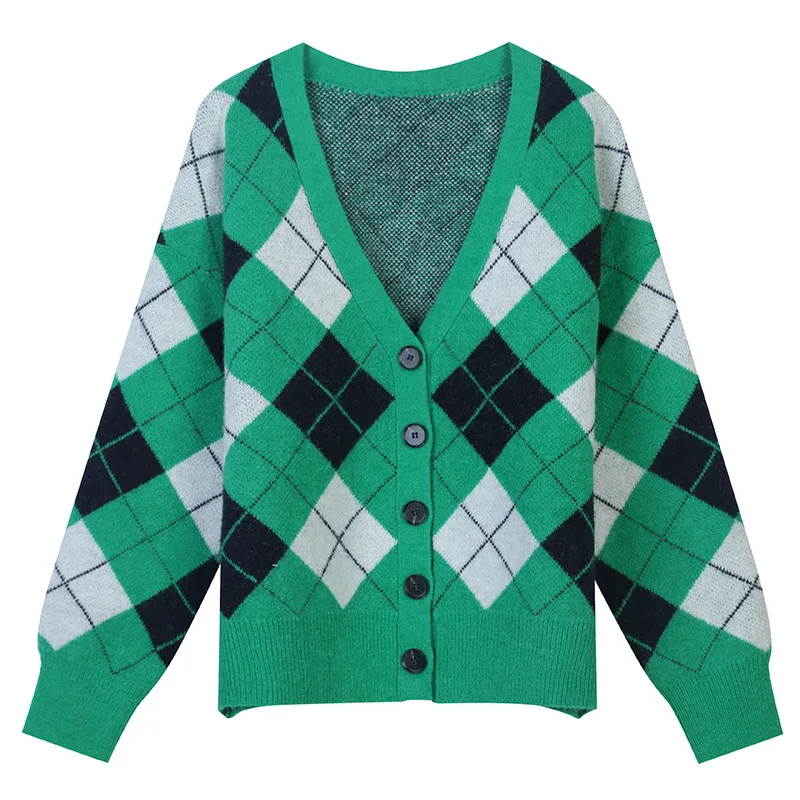 

Женский жаккардовый кардиган с ромбами, повседневный облегающий жаккардовый кардиган с V-образным вырезом в Корейском стиле, Осень-зима 2021