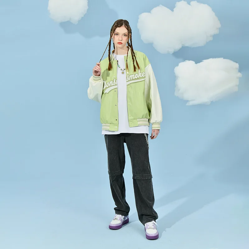 

New Men PU Leather Patchwork Bomber Jacket Green Towel Embroidery Letter Spring Autumn College style Woman Baseball Jacket 2021