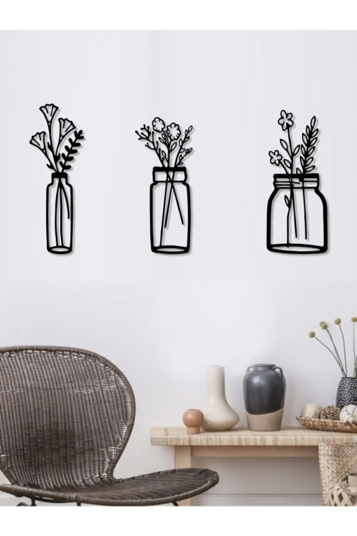 

Black Wooden Flower Pot Laser Cut Wall Decor 3 Pieces Wall Decor