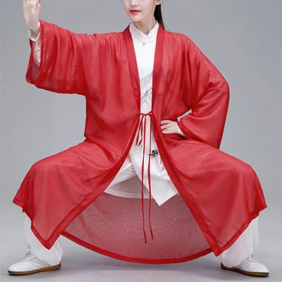 Женский Hanfu Taiji наборы одежды костюм Тан кунг-фу изысканный элегантный тай-чи из трех предметов одежды боевых искусств шаль чернильная живопись - Цвет: Red