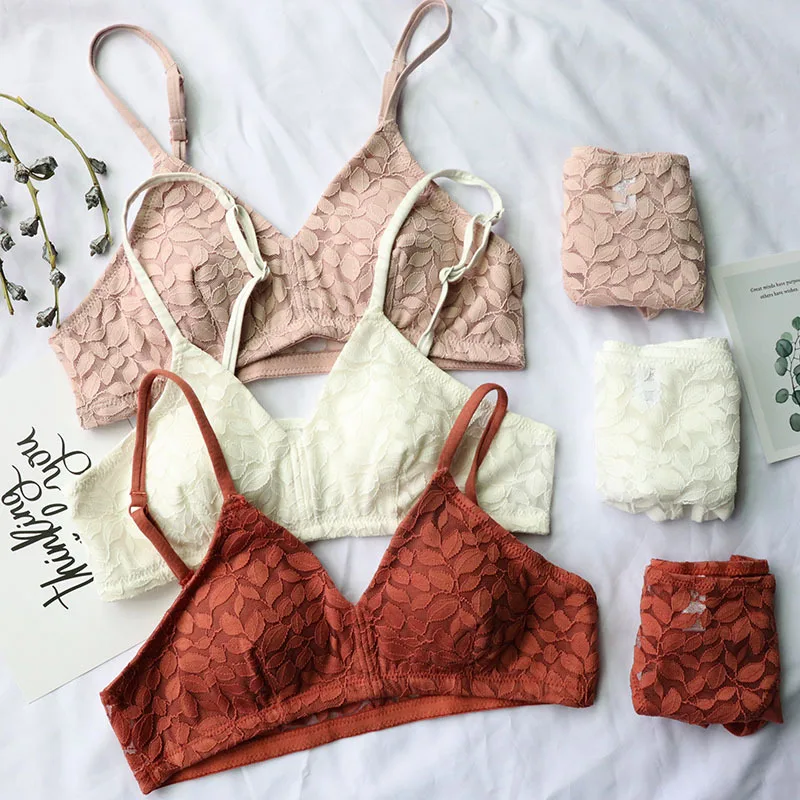 Кружевной треугольный бюстгальтер с узором в виде листьев тонкий комплект
