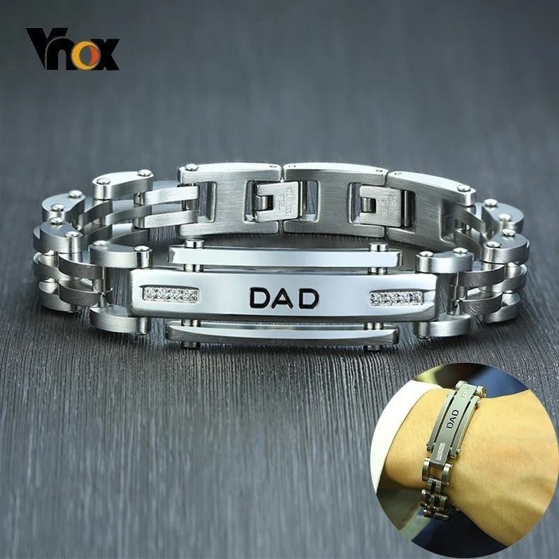 

Vnox 12mm Top Quality 316L Stainless Steel Bracelet for Men Engraved DAD Bar with AAA CZ Stone Insert Casual Link Chain Bracelet