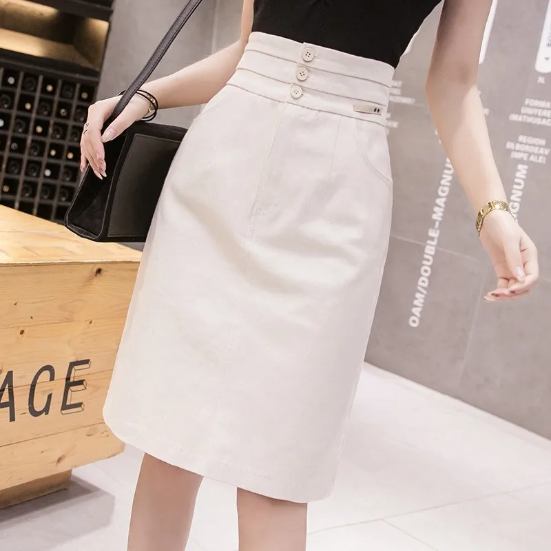 

Women Summer Single Breasted High Waist Skirt Office Lady Elegant Sexy Wrap Slim Knee Length Red White Black Split A-Line Skirts