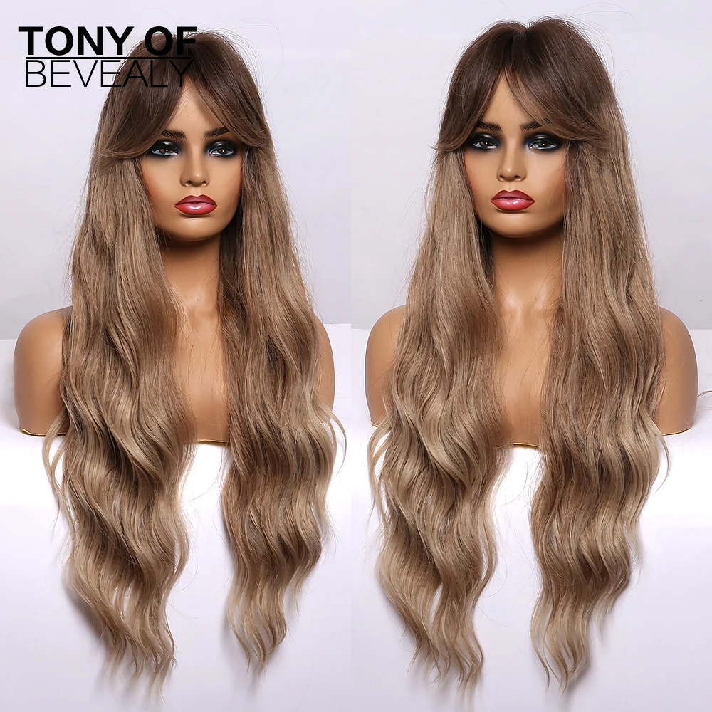 Длинные волнистые коричневые парики с эффектом омбре и челкой термостойкие