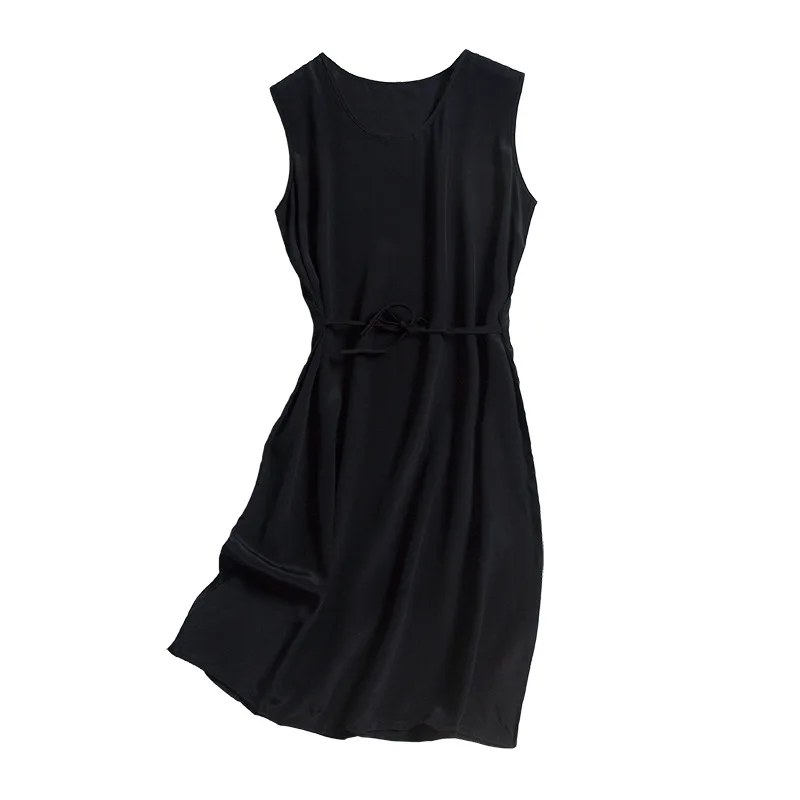 

Black with Thin Look Silk Crew Neck Sleeveless Basic Lace-up Silk Dress