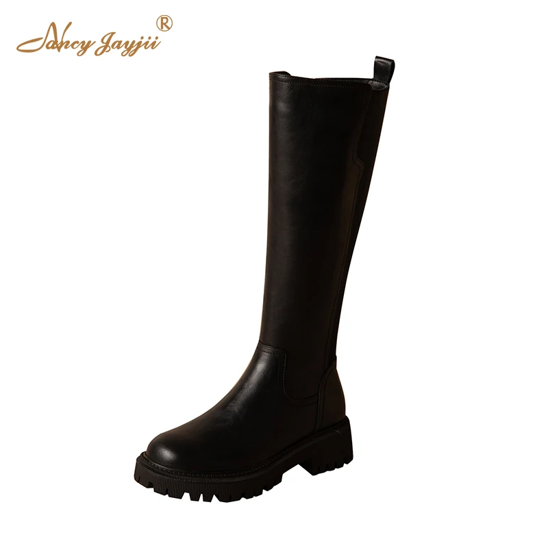 

Nancyjayjii Warm Wool Women’S Fashion Knee High Boots Black Genuine Leather Zip Platform Low Heels Ladies Booties Winter Shoes