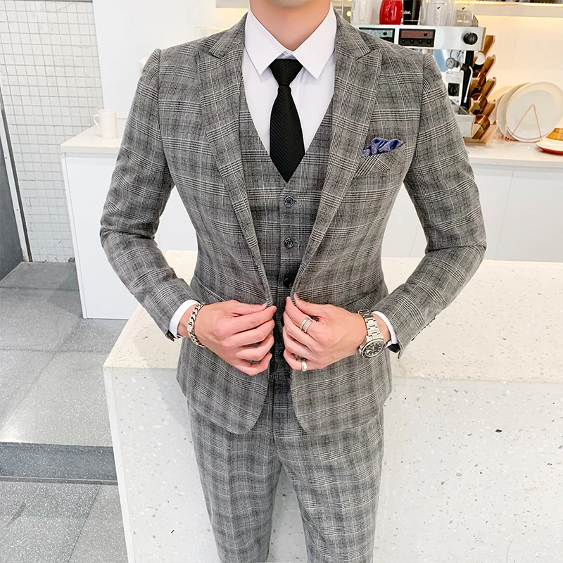 2020 Men's Business Plaid Official Suit Coat Pants Vest 3 PCS Set / Gentleman Groomsman Blazer Jackt Trousers Waistcoat S-5XL | Мужская