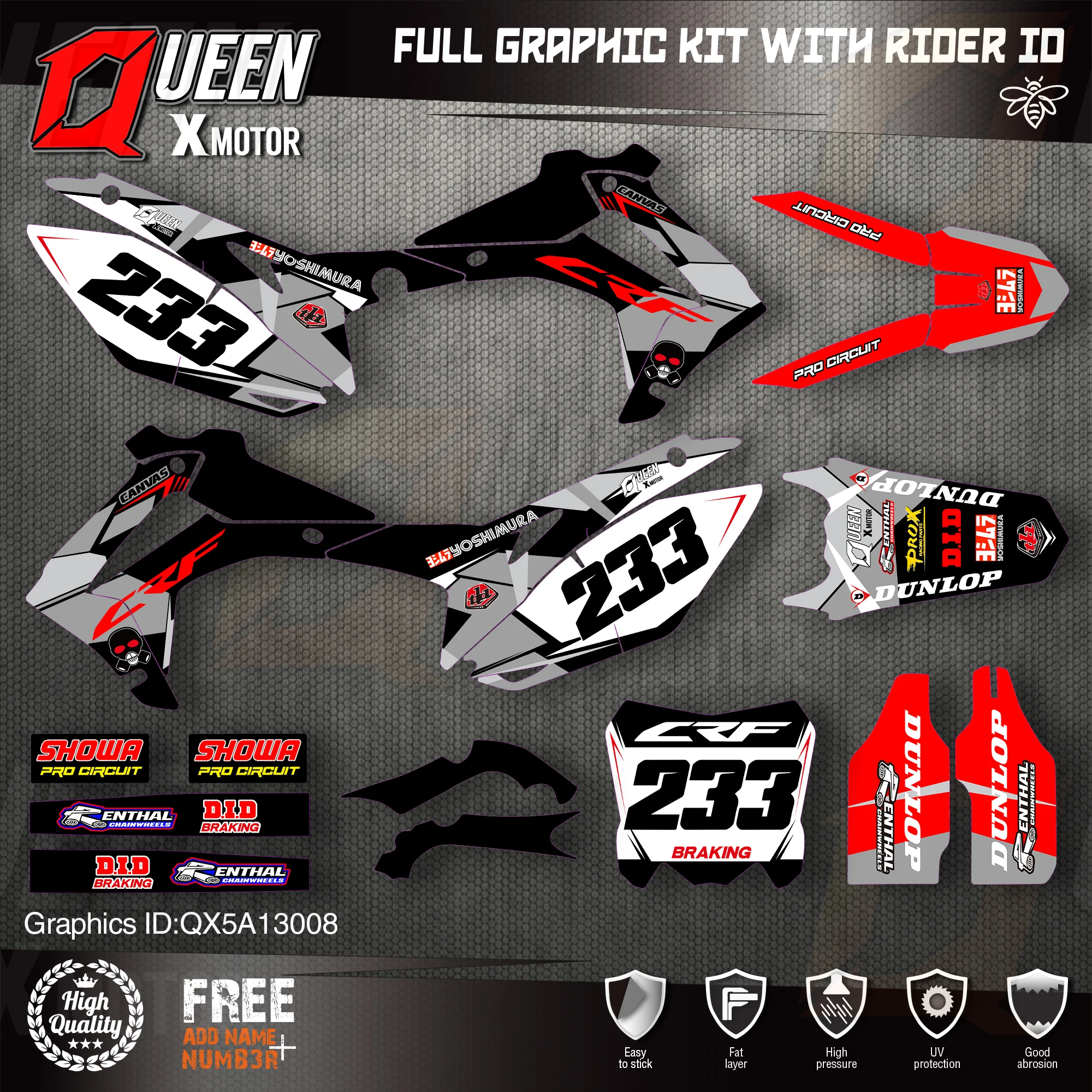 

Набор наклеек QUEEN X MOTOR, для HONDA 2014-2017, CRF250R 2013-2016, CRF450R 008