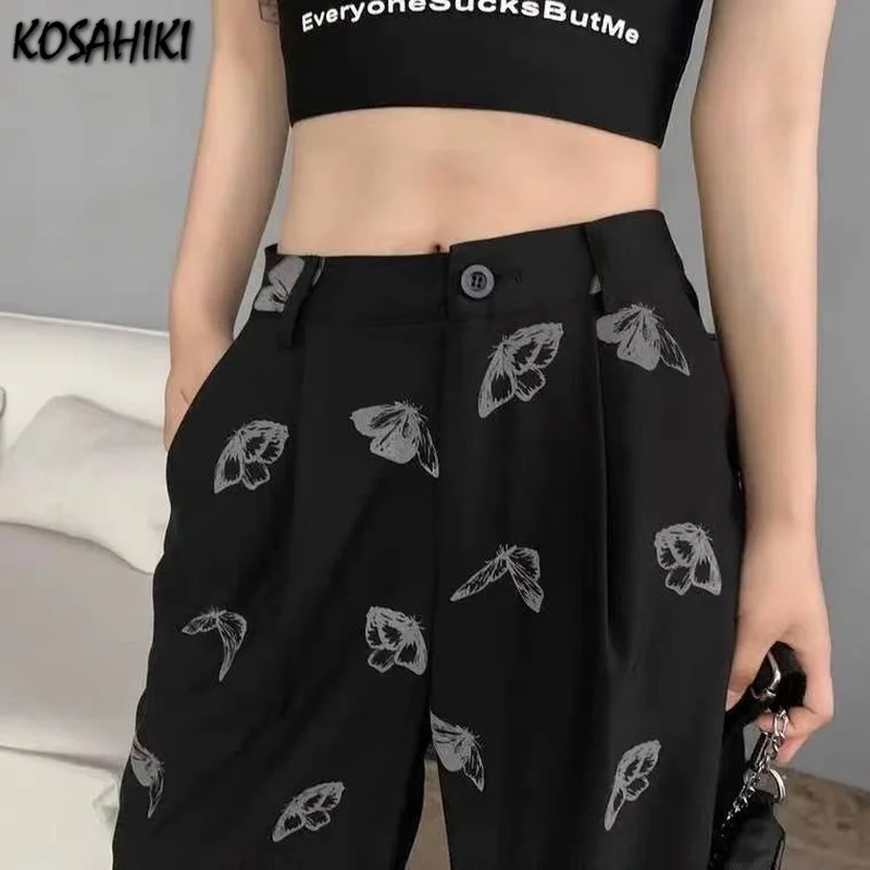 

KOSAHIKI Summer Wide Leg Pants Women Butterfly Reflective High Waist Loose Chic Casual All-match Harajuku Trousers Plus Size