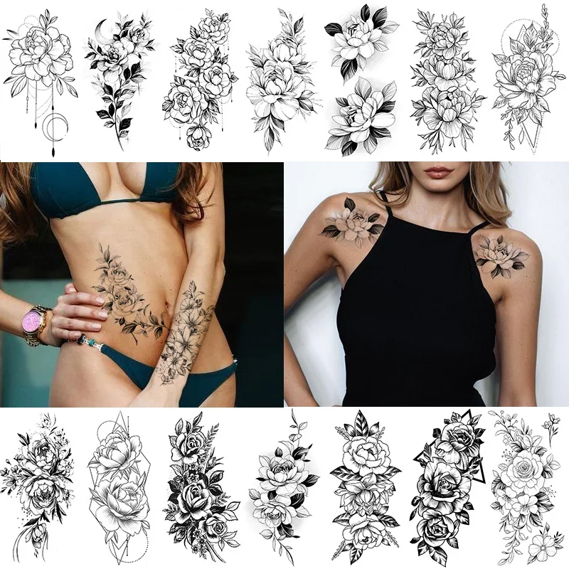 

3D Big Rose Peony Flower Girls Temporary Tattoos For Women Waterproof Black Tattoo Stickers Blossom Lady Shoulder Fake Tatoos