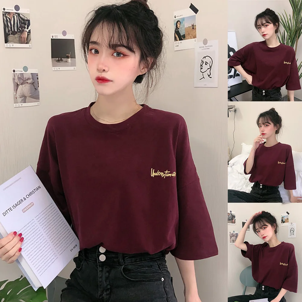 

Summer Women Fashion Half Sleeve O Neck Loose Letter Embroidery T-shirt Top