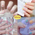 24 шт Красочный дизайн белого цвета, украшенная цветами матовый беспроводные накладные ногти подходит Феи для девочки летняя сумочка нейл-арта украшения