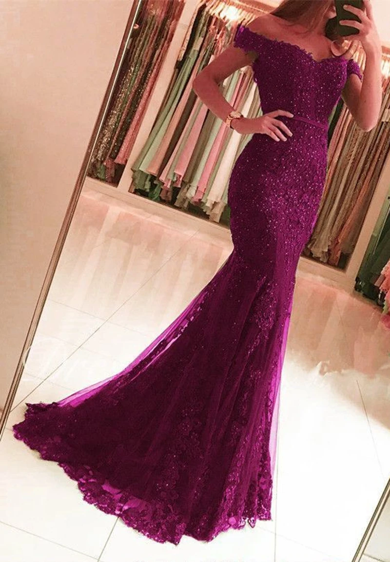 

Royal Blue Mermaid Evening Dresses 2020 New Women Boat Neck Appliques Lace Formal Party Elegant Off Shoulder Long robe de soiree