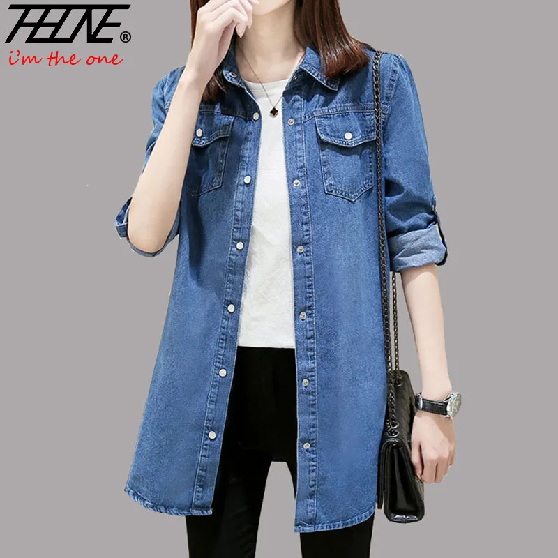 

THHONE Women Blouses Denim Shirts Plus Size Blusas Mujer De Moda 2020 Autumn Winter Long Sleeve Cotton Print Casual Jeans Tops