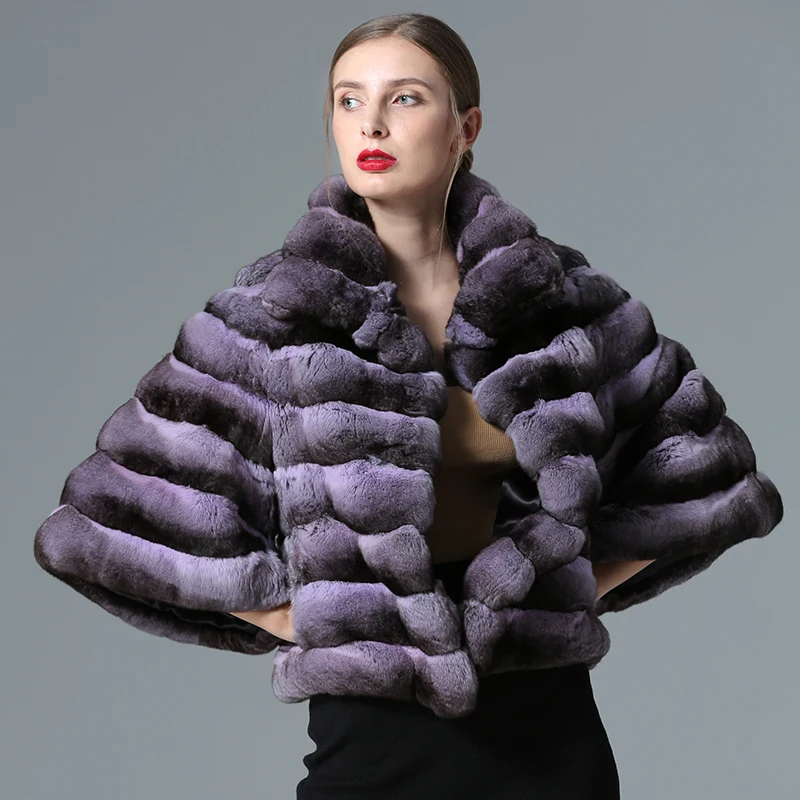 FURSARCAR 2021 New Natural Rex Rabbit Fur Jacket With Collar Purple Color Short Winter Women Coat Fashion Chinchilla Fur Outwear