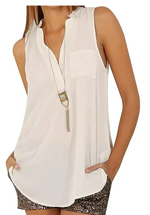 

2020 Fashion European And American-Style Fold-down Collar Sleeveless with Pockets Sexy Women's Shirt