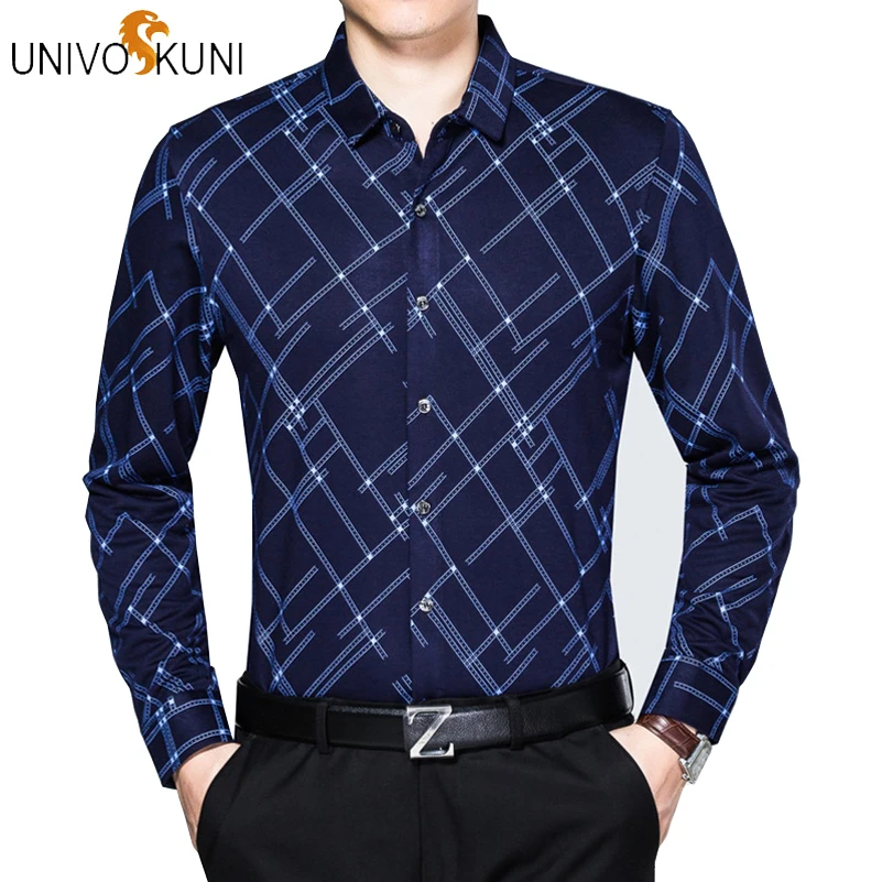 

UNIVOS KUNI 2019 New Spring Ptint Camisa Homens Slim Long Sleeve Shirts Brand Casual Business Chemise Homme Camisa Hombre J470