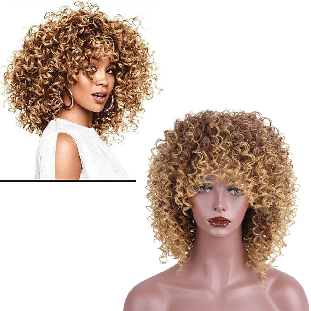 

Short Afro Wigs for Black Women Kinky Curly Ombre Blonde Nature Black Synthetic Wigs African 14inches Shoulder Length Bob Wig