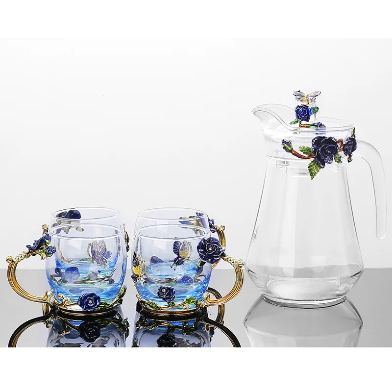 Синяя Роза эмаль Хрустальная чайная чашка с чайником кофейная кружка Бабочка