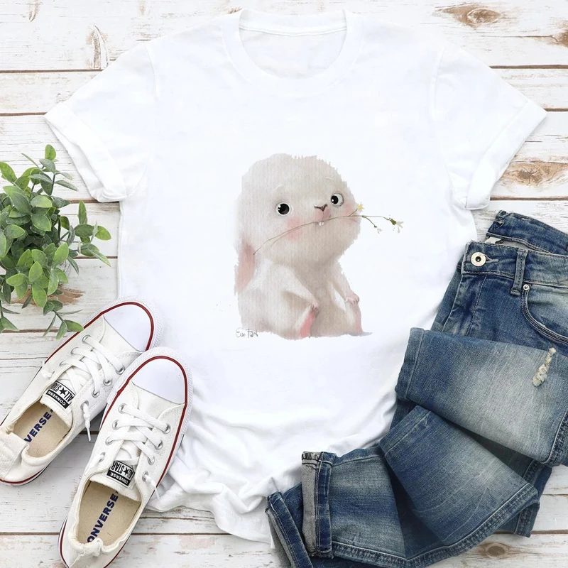 

Printed T-shirt Ladies summer fashion T-shirt O-neck short-sleeved Harajuku T-shirt White top Fashionable female T-shirt