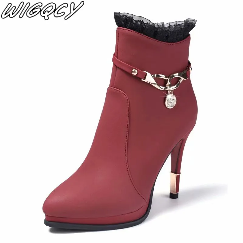 Женские теплые ботинки на очень высоком каблуке в западном стиле молнии с