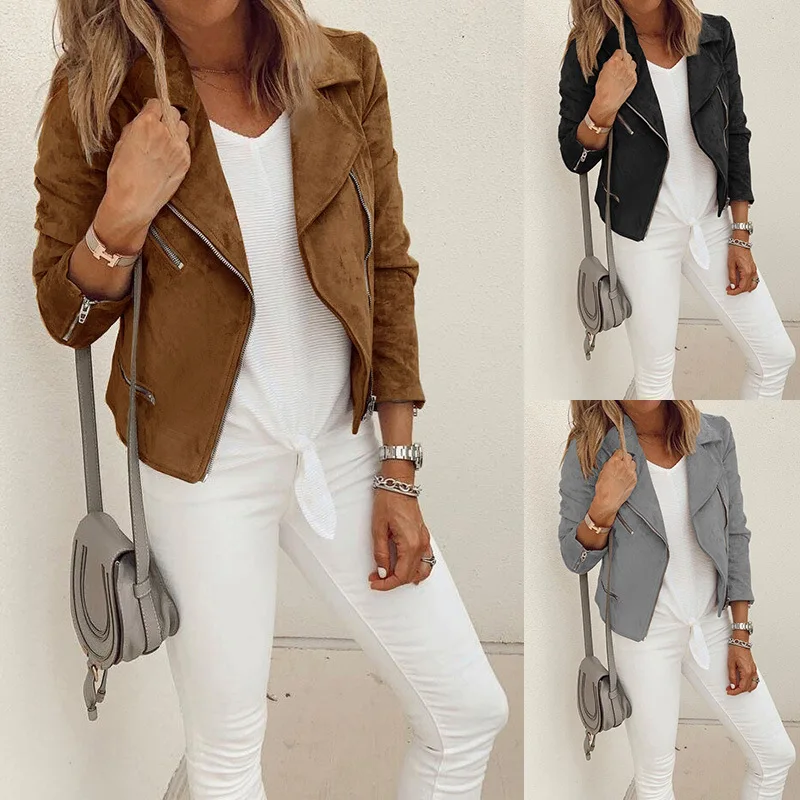 

New autumn and winter women's lapel zipper short coat