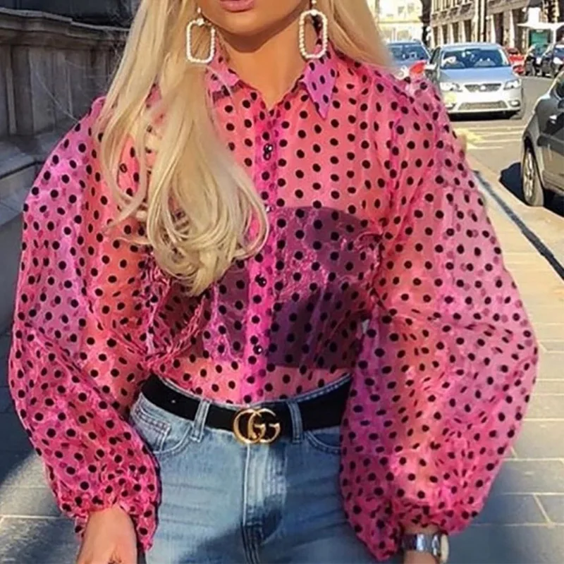 

2019 New Arrival Acetate Polka Dot Full None Korean Blusas Zanzea Women's Shirts Mesh See-through Polka Dot Shirt Blouse Top